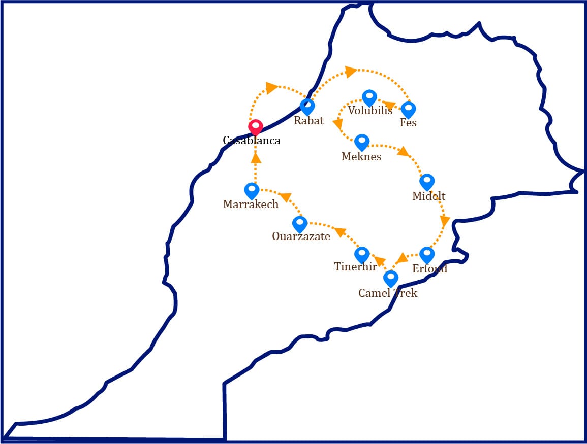 10 days tour in Morocco map